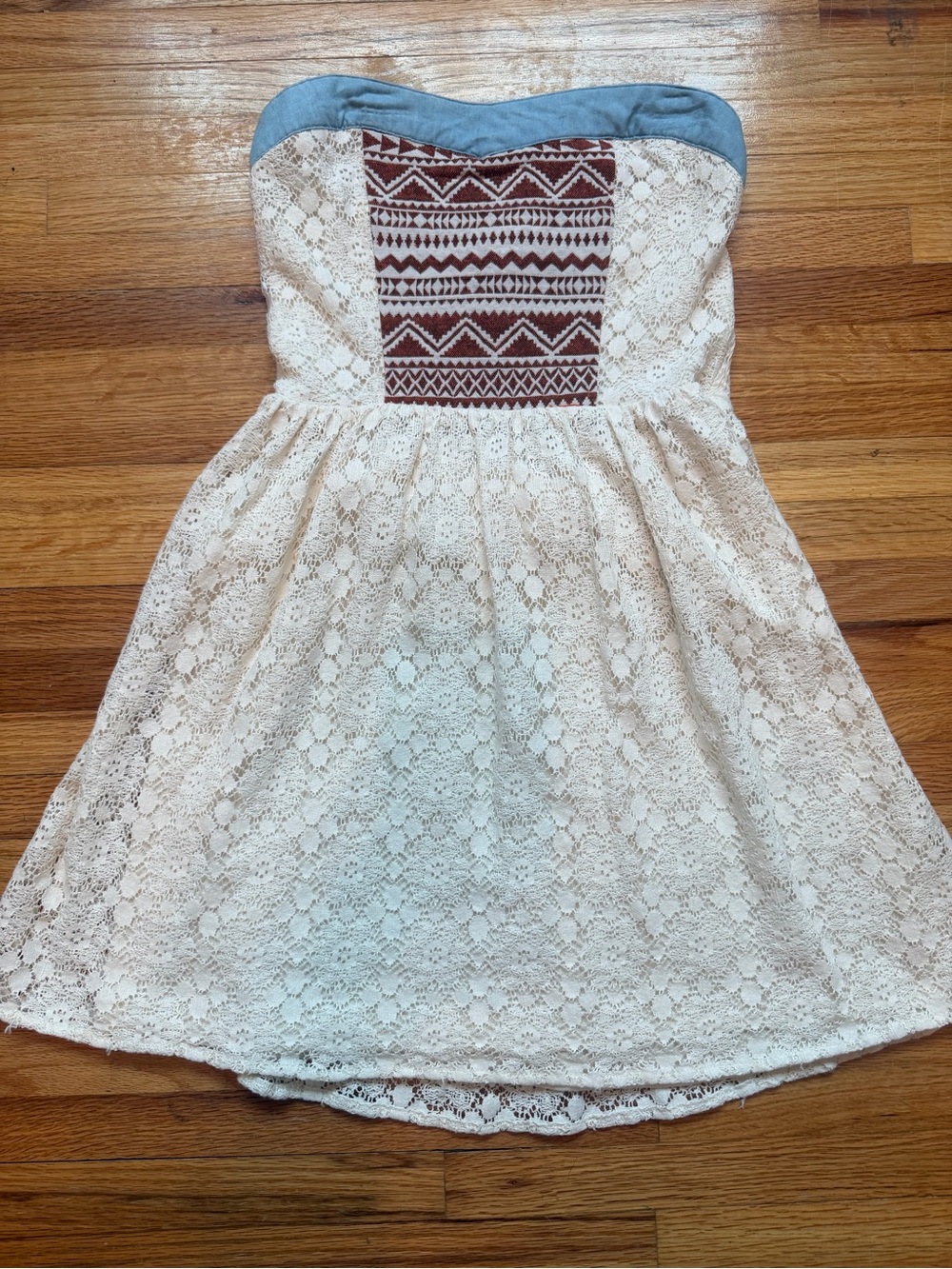 Women’s Ivory Lace Strapless Dress with Denim Trim and Geo Accent